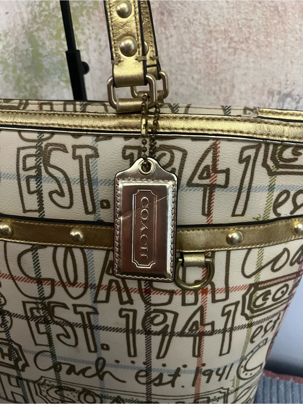 Coach 2009 Heritage Tattersall Graffiti Golden Tote Bag & Matching Wristlet